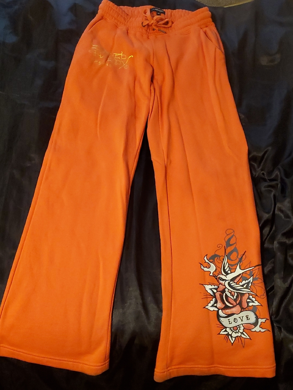 Ed Hardy Orange Sweatpants with Tattoo Graphic